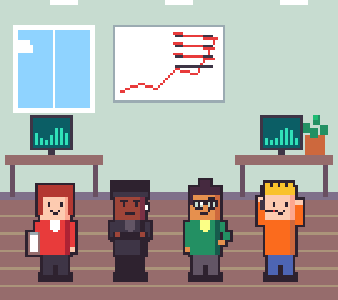 Pixel-art office: Margot, Dex, Norma and Chip standing in front of desks, a KPI whiteboard and a window.